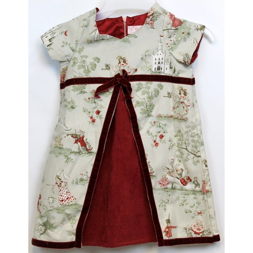 Trish Scully Nursery Rhyme Dress Toddler Girls Sz 4T Red Green V Cut Neck